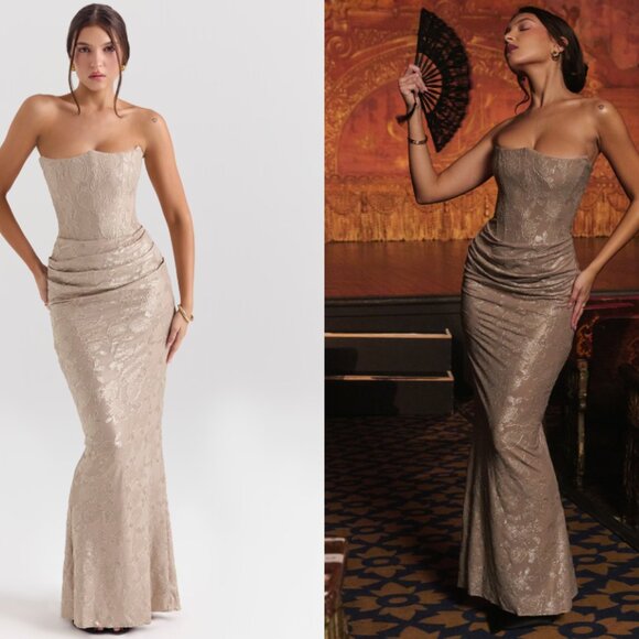 House of CB 'Persephone' Pale Gold Chiffon Mesh Strapless Corset Maxi Dr… - Picture 1 of 11